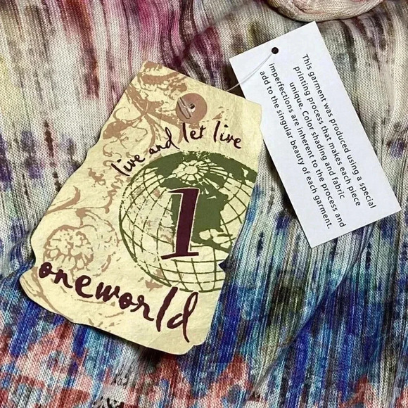 One World Women XL Studded Sharkbite Geometric Top Blue Multicolor 3/4 Sleeves - Picture 9 of 11